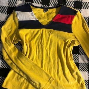 Tommy Hilfiger Yellow V-Neck Long Sleeve Top with Navy, White & Red Accents